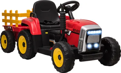 Produktbild von HOMCOM Elektrischer Traktor mit Anhänger, Kinder Aufsitztraktor mit Fernbedienung, Kinder Elektroauto mit MP3 Funktion, Kinderfahrzeug mit Scheinwerfer, 3-6KM/H, für 3-6 Jahre Kinder, Rot