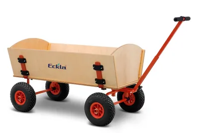 A wooden wagon with an orange frame and handle, shown on a white background.
