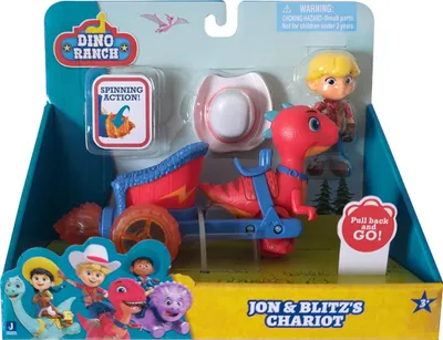 Obrázek produktu pro Jazwares DNR0010 Dino Ranch, hrací sada, figurka s dinosaurem, Jonem a bleskem, červený vůz s funkcí zpětného tahu