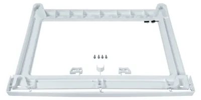 A white plastic connection kit for a washing machine.