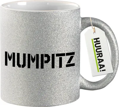 Produktbild von Huuraa Glitzertasse Mumpitz Schriftzug 330ml Silber Keramik Kaffeebecher Geschenkidee