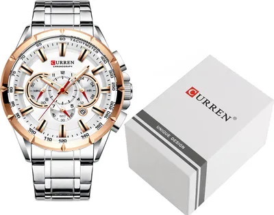 A men's wristwatch and its packaging are displayed on a white background.