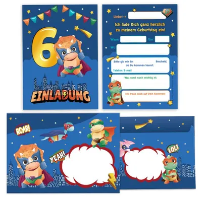 12 Dino-Einladungskarten + 12 Umschläge für den 6. Geburtstag