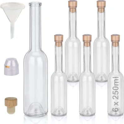 Produktbild von Flaschen Set 6 x 250ml hochwertige Glasflaschen leer mit Korken Schrumpfkapseln & 1 Trichter zum selbst Befüllen mit Gin Whisky Schnaps Likör Essig Öl günstige Flaschen Ginflaschen Whiskyflaschen
