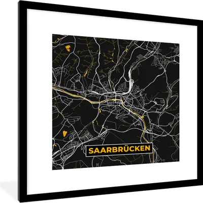 Produktbild von MuchoWow® Gerahmtes Poster Schwarz und Gold - Stadtplan - Saarbrücken - Deutschland - Karte 40x40 cm - Poster mit Schwarzem Bilderrahmen Wandposter Rahmen Foto Bilder - Poster - Plakat im Rahmen