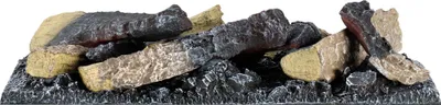 A close-up view of artificial logs and embers for a fireplace.