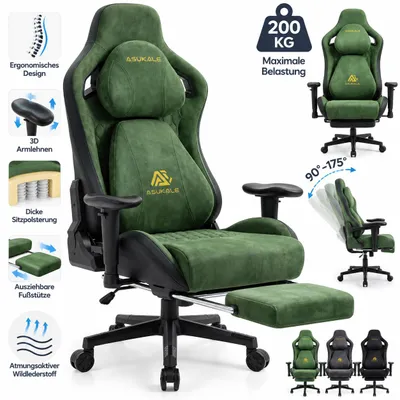 Produktbild von CRELIV -Ergonomischer Gamingstuhl mit Fußstütze, 175° Rückenlehne, 3D-Armlehnen, Kopf- und Lendenkissen, höhenverstellbar, Grün, KI-generiertes Bild