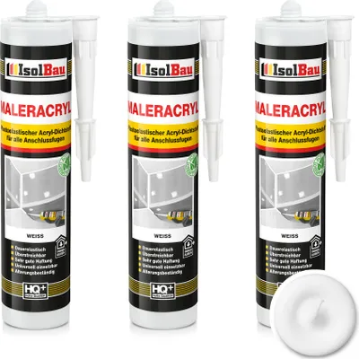 Produktbild von Isolbau Maleracryl 3 x 300 ml Weiß - Plastoelastischer Acryl-Dichtstoff zum Abdichten von Fugen im Innen- & Außenbereich - Kartusche