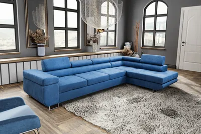 Produktbild von MargaretHadas24 Ecksofa L Form Marlene IV, 347x202, mit Schlaffunktion und Bettkasten Couch mit verstellbaren Kopfstützen Samtstoff rechte Seite, blau