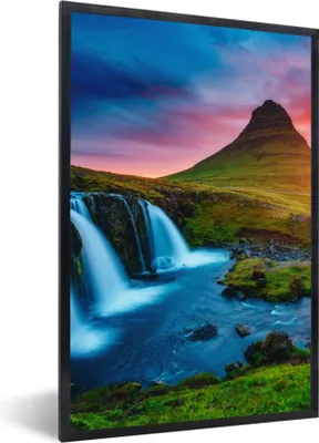 Produktbild von MuchoWow® Gerahmtes Poster Wasserfall - Berg - Moos - Sonnenuntergang - Natur 60x90 cm - Poster mit Schwarzem Bilderrahmen Wandposter Rahmen Foto Bilder - Kunst