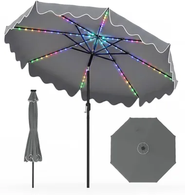 Zdjęcie produktu dla Parasol KOMFOTTEU o średnicy 270 cm z oświetleniem LED zasilanym energią słoneczną, stabilny parasol reklamowy z 8 żebrami, z mechanizmem obrotowym i blokadą kąta nachylenia, możliwość regulacji kąta nachylenia o 30 stopni w obie strony. Idealny do ogrodu, tarasu, patio oraz na stragany