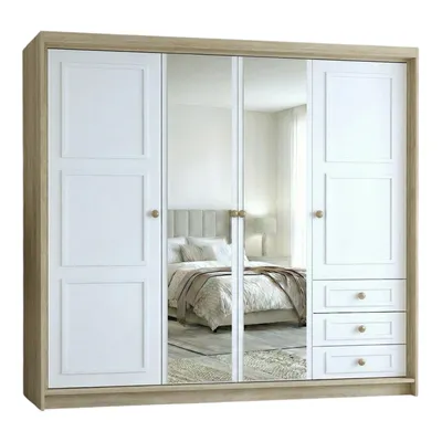 Produktbild von Geräumiger viertüriger Kleiderschrank OSLO mit Schubladen und Metallgriffen – modernes Design Farbe: Sonoma | Weiß
