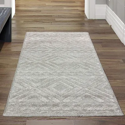 Zdjęcie produktu dla Dywan do salonu w stylu boho z wzorem w romby i koła w kolorze beżowym Rozmiar - 80 x 150 cm