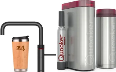 A Quooker hot water tap system with a dispenser and two tanks, alongside a bamboo travel mug.