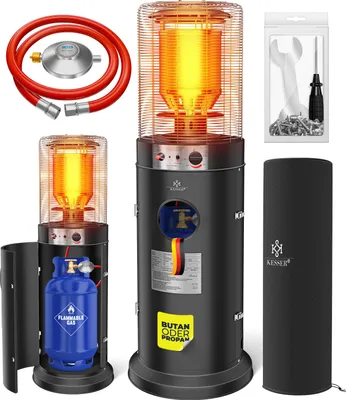 A product shot of a gas patio heater and its accessories, presented against a white background.
