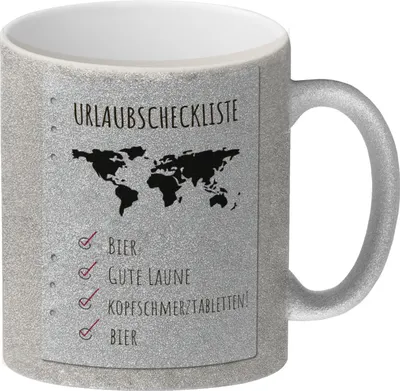 Produktbild von Glitzer-Kaffeebecher Urlaubscheckliste für Partyurlaub mit Weltkarte