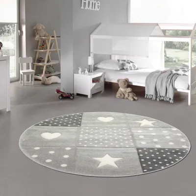 Produktbild von Kinderzimmer Teppich Spiel & Baby Teppich Herz Stern Punkte Design creme schwarz grau Größe - 160 cm Rund