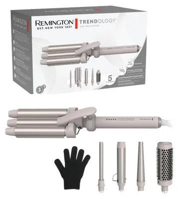 Produktbild von Remington Lockenstab 5in1 [Welleneisen, Rundbürste 38mm, 3 Lockenaufsätze 13-33mm] Trendology (LED display 130°C - 210°C, Beach Waves, Spirallocken & Natürliche Locken für alle Haartypen) CI41MS5