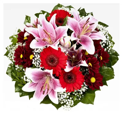 Produktbild von Blumenstrauß "Charlotte" mit rosa Lilien, Chrysanthemen, Gerbera und Schleierkraut