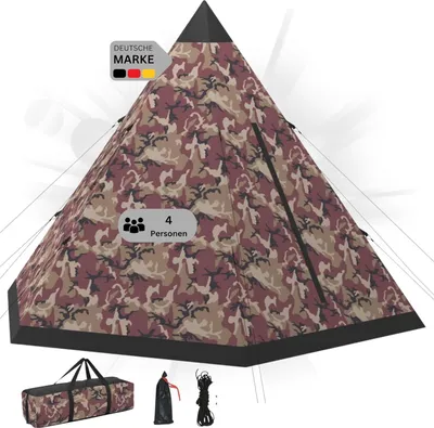 Produktbild von DELUKE® Campingzelt 4 Personen TIPI camouflage | regenfest, atmungsaktiv | Tipi Pyramidenzelt Familienzelt für 4 Personen Gruppenzelt Zelt Camping Zelt Outdoor Zelten