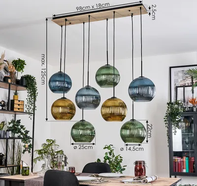 Produktbild von Cesaro Hängelampe aus Metall/Holz/Riffelglas in Schwarz/Natur/Blau/Grün/Gold
