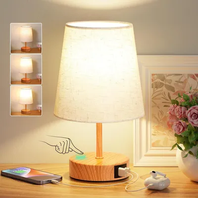 Produktbild von 1 Stück Nachttischlampe Touch Dimmbar mit USB A+C Ladefunktion, Tischlampe mit Leinenschirm LED Birne Schlafzimmer Büro