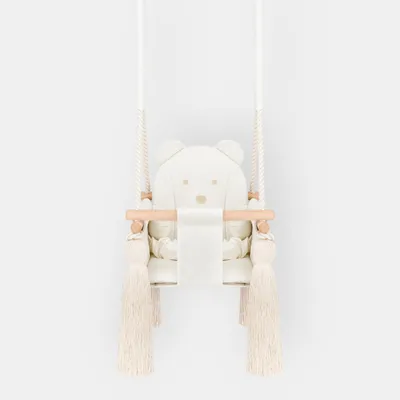Image de Balançoire Bébé d’Intérieur en Velours Beige – Pour Bébés et Jeunes Enfants – Harnais de Sécurité, Design Ourson, Cadre en Bois – Fabriqué dans l’UE