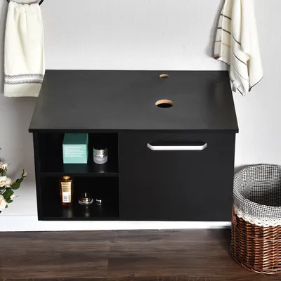 Produktbild von Puluomis Badezimmerschrank mit Spiegel Waschbeckenunterschrank,Waschtische Badezimmer mit doppelte Holzregale Schwarz 71 cm