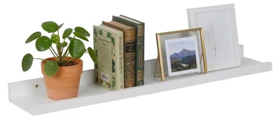 Immagine prodotto di Mensola da parete Relaxdays, A x L x P: 5 x 80 x 15 cm, legno di noce, mensola sospesa per cornici e oggetti decorativi, binario da parete per quadri, bianco