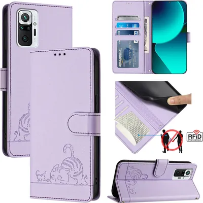 Produktbild von Leder Hülle für Xiaomi Redmi Note 10 Pro/Note 10 Pro Max Süße Katze Flip Case Brieftasche Schutzhülle mit Standfunktion Lila