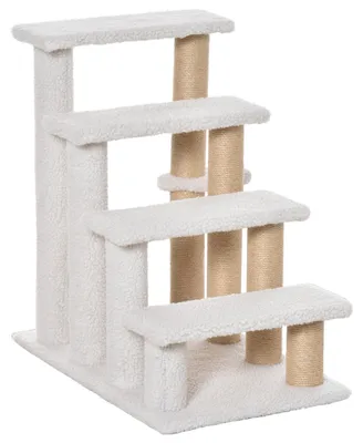 Produktbild von Haustiertreppe mit Kratzsäule, Katzentreppe Kratzbaum 4-stufig, Plüsch Jute Spanplatte, Weiß | mit Spielball | 7,7 kg | 60x40x64 cm
