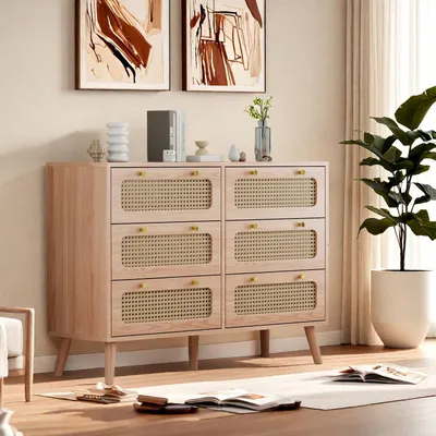 Immagine prodotto di Comodino in rattan con 6 cassetti, in legno, stile boho, colore naturale del legno