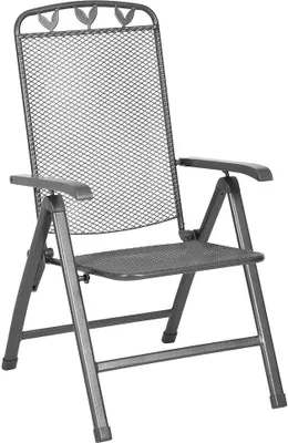 A gray metal folding chair with a mesh back and seat, shown against a white background.