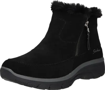 A black Skechers boot with fur trim and a side zipper.