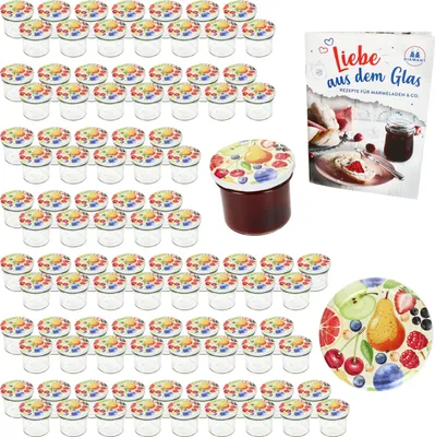 Produktbild von 100er Set Sturzglas 125ml Einmachglas TO66 Comic-Obst Deckel DiamantZucker-Rezept