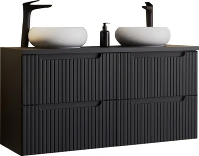 Produktbild von Doppelwaschtisch 120cm mit Aufsatzwaschbecken, schwarz mit gerillter Front NEWPORT-56-BLACK