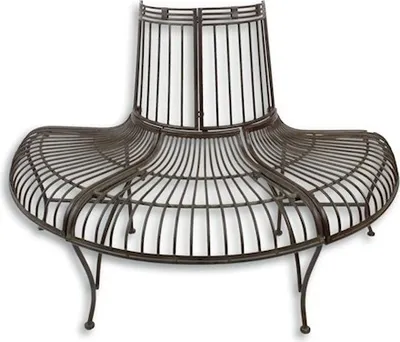 A brown metal bench designed to surround a tree.