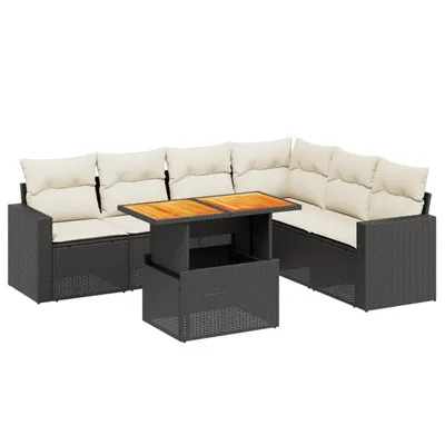 Produktbild von Modulares Garten-Sofaset, 7-teilig, mit verstellbarem Tisch, Poly Rattan Schwarz, UV-beständig, cremeweiße Kissen, abnehmbare Bezüge