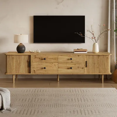 Obrázok produktu pre TV komoda Merax s 4 zásuvkami a 2 posuvnými dvierkami, televízna skrinka s zaobleným dizajnom, televízny stolík z MDF s veľkým úložným priestorom, prírodná farba