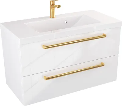 Produktbild von FURNI Waschtischunterschrank ATH 80 cm - Weiß Hochglanz - Hängender Badschrank mit Mineralguss-Waschbecken - Griffe - Vormontiert