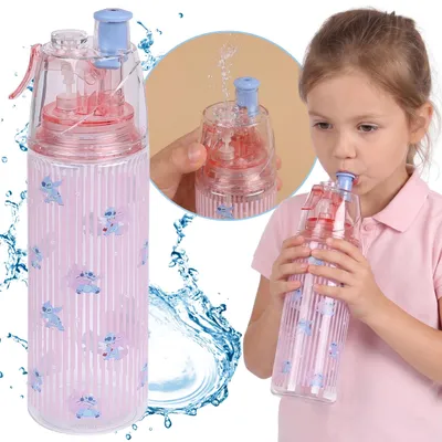 Produktbild von DISNEY Stitch Wasserflasche mit Trinköffnung und Sprühkopf, transparente Flasche für kalte Getränke, 600 ml