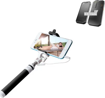 Produktbild von K-S-Trade Selfie Stick kompatibel mit Caterpillar Cat S60  Selfiestick kabelgebunden Monopod mit Kabel Stab Stange Selfportrait Handheldstick schwarz