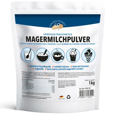 Produktbild von GOLDEN PEANUT Magermilchpulver 1 kg - fettarm sprühgetrocknet, lange haltbare Magermilch, Frischmilch Ersatz, Eisherstellung, Herkunft EU