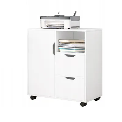 A white storage cabinet with a printer on top, and books and drawers.