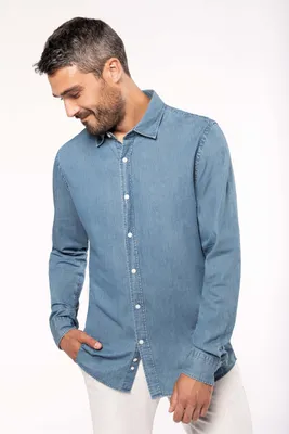 Produktbild von Kariban Herren Denim Hemd Freizeit Shirt Jeanshemd Baumwolle Langarm, Größe:S, Farbe:Chambray Blue