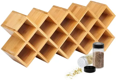 Produktbild von Gewürzregal aus Bambus, Gewürzständer mit Organizer für 18 Gläser, Gewürzgläser und Gewürzhalter für Schrank, Küche oder Speisekammer.