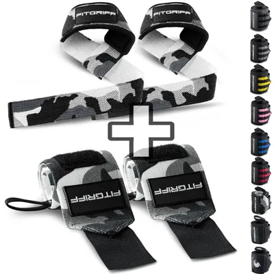 Produktbild von Fitgriff® Handgelenk Bandagen + Zughilfen (2er Set) - für Krafttraining, Fitness, Bodybuilding, Gewichtheben, Gym, Kraftsport - für Frauen und Männer (Camo)