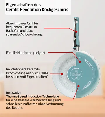 Produktbild von Genius Cerafit Revolution Pfannen Set 7-tlg. 20+24+28 CM, 2 Glasdeckel, Viles Einleger, Keramik antihaftbeschichtete Bratpfanne, abnehmbarer Griff