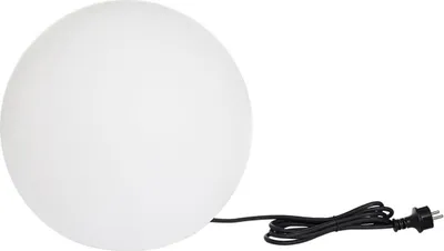 A white spherical lamp with a black power cord and plug on a white background.