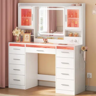 Produktbild von WOLTU Schminktisch mit RGB- und LED-Beleuchtung, großer Schminktisch mit transparenter Glasplatte